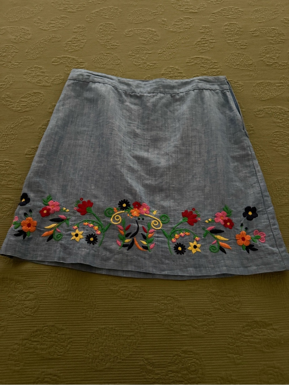 Talbots Light Blue Cotton Mini Skirt with Colorful Floral Embroidery